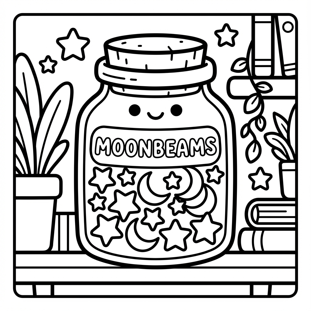 Jar filled with moons and stars labeled Moonbeams, a great thick line coloring pages scene.